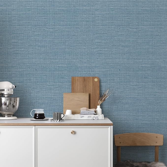 JiffDiff Grasscloth Wallpaper Peel and Stick 1181" x 17.3" Blue Cream Grassweave Stick on Wallpaper Textured Self Adhesive Wall Paper Contact Paper - Image 3
