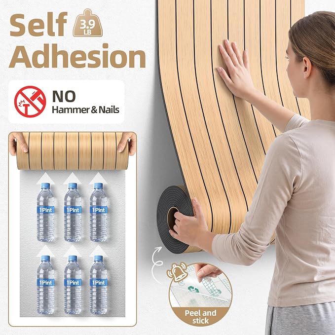 Peel and Stick Wood Slat Wall Panels, 3D PVC Faux Teak Wood Grain Wallpaper | 15.75"x236" Soundproof Wall Panels with Self Adhesive, Wall Coverning for Accent Walls Ceiling Bedroom Bathroom Kitchen Decor - Image 4