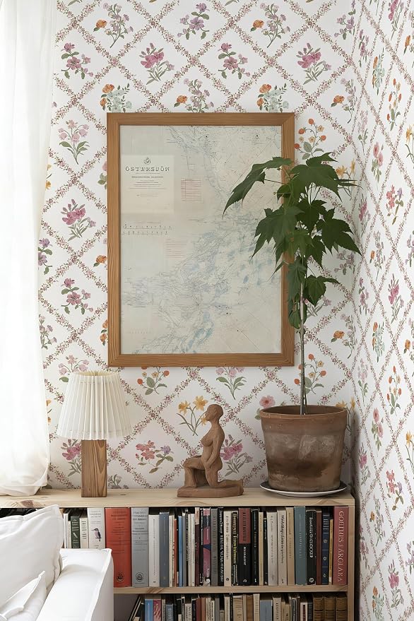 16.9 in x197 in Red Floral Peel and Stick Wallpaper Watercolor Floral | Boho Self Adhesive Wallpaper Modern Trellis Contact Paper DIY Removable Wallpaper for Bedroom Cabinets Drawers Decor Vinyl - Image 4