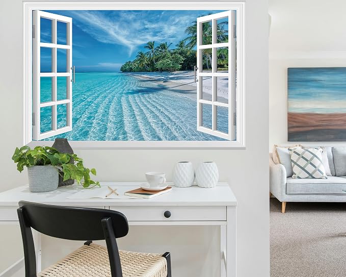 FLFK Fake Window Wall Mural - Summer Beach Faux Window Wall Sticker for Wall Decor, Peel and Stick Wall Decals,48"x32",Set of 2 Sheets - Image 3