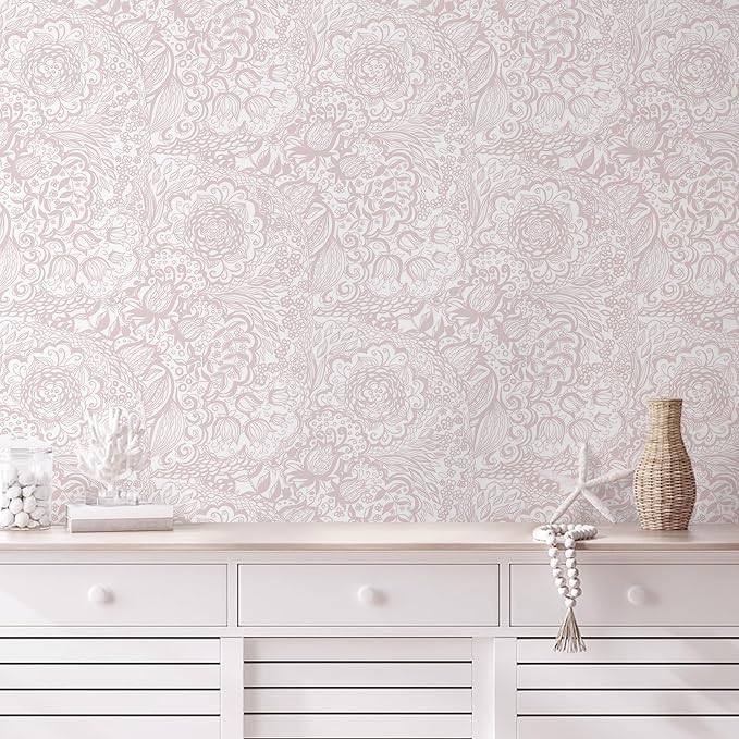 Peel and Stick Wallpaper Boho Pink and White Floral Wallpaper for Bedroom Bathroom Removable Self-adhsive Contact Paper for Cabinets Nursery Shelf Liner 17.3" x 394" by Micpolo