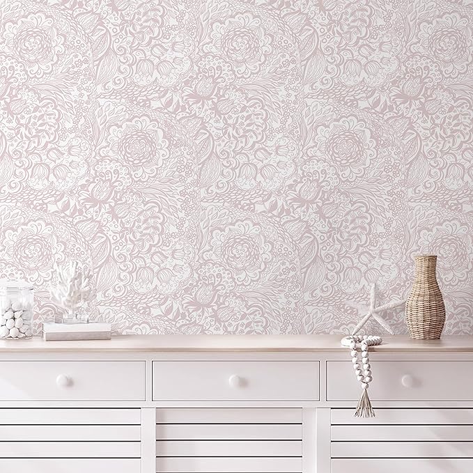 Peel and Stick Wallpaper Pink Boho Wall Paper Pink and White Floral Wallpaper for Bedroom Bathroom Removable Self-adhsive Contact Paper for Cabinets Nursery Vnyl Shelf Liner 17.3" x 118" by Micpolo