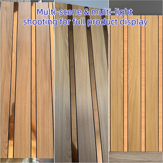 Haimin 3D Wall Panels Wood Grain Slat, 10Pcs 23.6"x11.6" Peel and Stick Self-Adhesive Textured Paneling, Easy DIY Light Luxury Decor for Bedroom Living Room Home (Light Oak with Gold) - Image 3