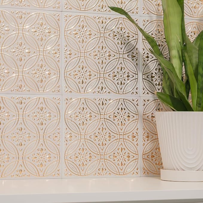 Peel and Stick Metal Tiles, Pastel Painted Gold, 10-Pack | 8 x 8 in tile size; Covers up to 4.44 sq ft; Aluminum; Water-resistant surface; For kitchens, ceilings, DIY projects - Image 6