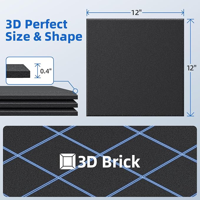 20 Pack Acoustic Panels with Self Adhesive Sound Proof Foam Panels for Wall | 12" X 12" X 0.4" High Density Soundproof Wall Panels, Brick Sound Absorbing Panels for Home Studio Office Decor - Black - Image 6