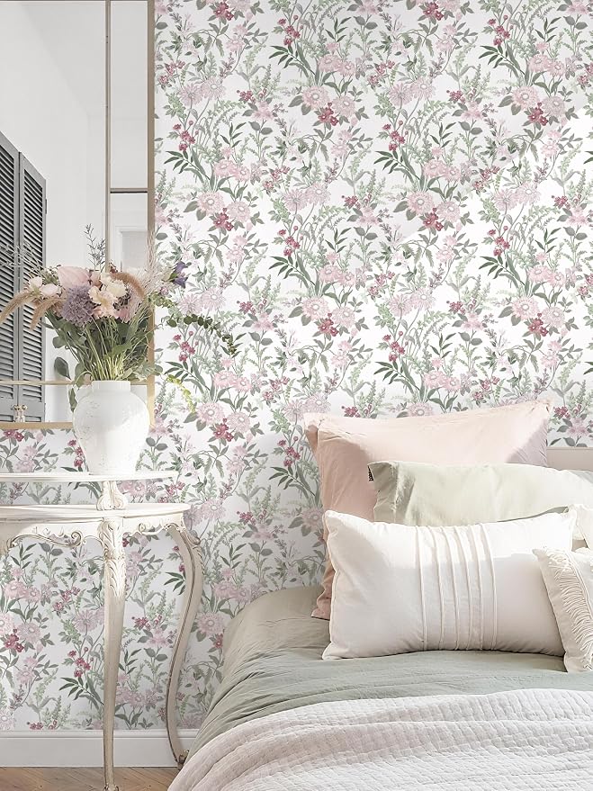 Dimoon 78.7"x17.3" Vintage Wallpaper Floral Peel and Stick Wallpaper Boho Contact Paper White Pink Green Cute Flower Removable Wall Paper Renter Friendly Kitchen Shelf Bathroom Self Adhesive Vinyl - Image 5
