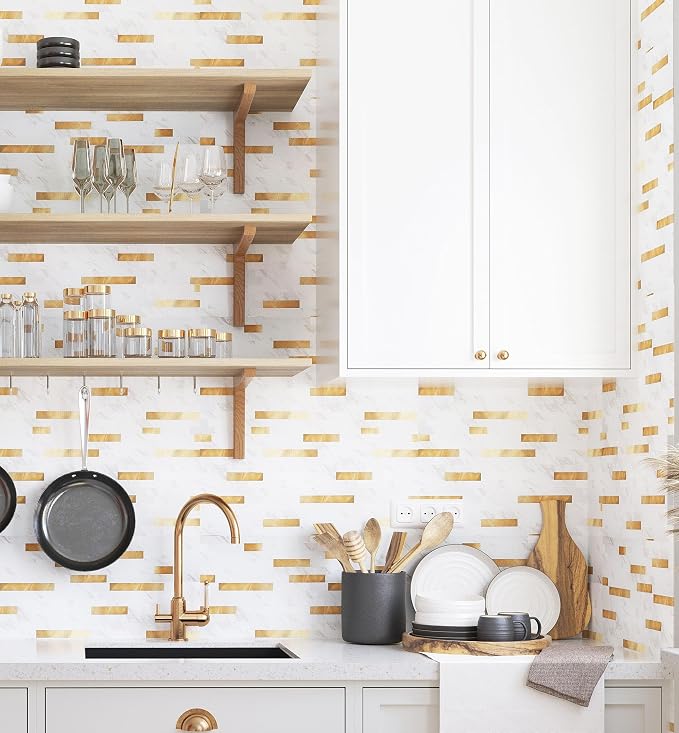 Yipscazo 2026 New Upgrade Peel and Stick Backsplash, Stick on Backsplash Tiles for Kitchen, Bathroom, Fireplace (20 Sheets, White Stone with Gold) - Image 4