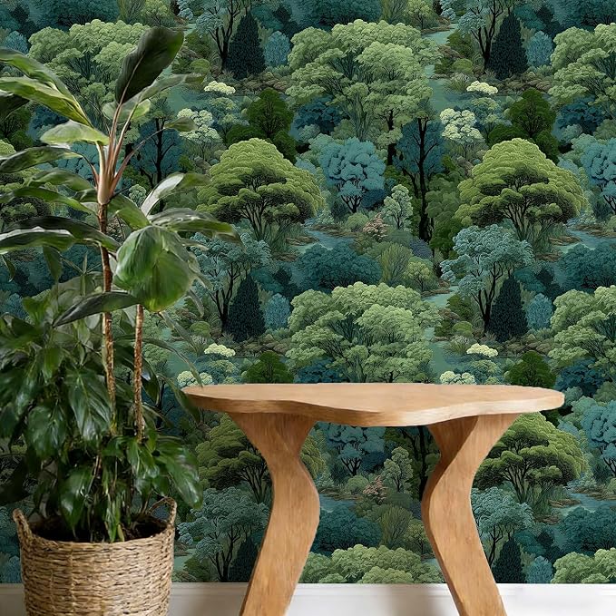 Serene Forest Stream Peel and Stick Wallpaper Forest | Green and Teal Art Deco Woodland Pattern Wallpaper for Home Decor | 17.7" x 118", Self-Adhesive, Waterproof Vinyl - Image 4