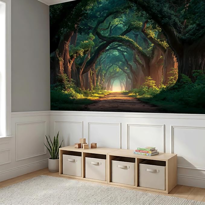 ASJ Forest Peel and Stick Wallpaper Mural, Enchanted Tree Tunnel Green | Seamless edge-to-edge match. Moody woodland path artwork, 98x62 in, premium fabric, living room bedroom decor. - Image 6