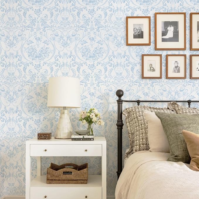 Ismoon Blue and White Wallpaper Floral Peel and Stick Wallpaper 17.3in x 32.8ft Vintage Damask Blue Contact Paper Boho Removable Watercolor Wall Paper for Bedroom Bthroom Kitchen Décor Vinyl - Image 2