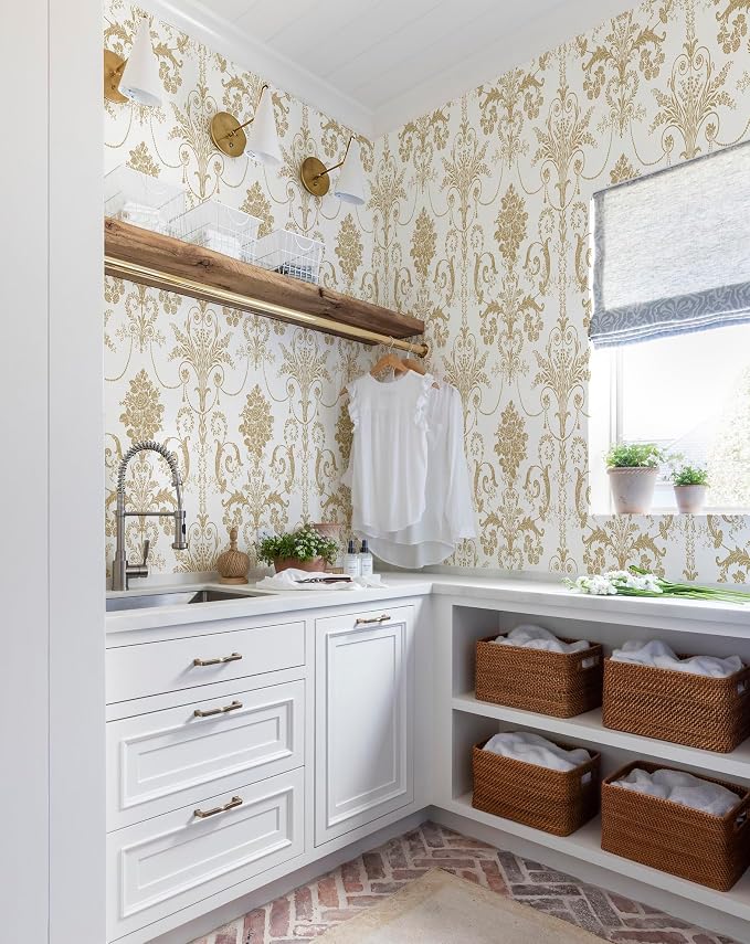 Damask Floral Peel and Stick Wallpaper Removable Gold Flowers Contact Paper | 17.3" X 197" Gold and White Damascus Wallpaper Boho Self Adhesive Decorative Wallpaper for Bedroom Accent Wall DIY Vinyl Roll - Image 4