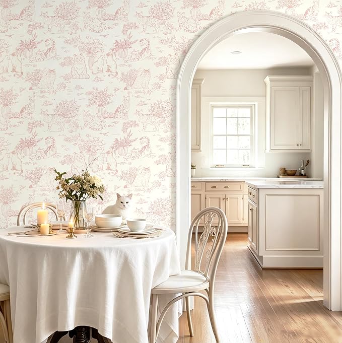 Guvana Pink Peel and Stick Wallpaper Cat Wall Paper Vintage Animal Contact Paper Vinyl Waterproof Wallpaper Floral Slef Adhesive Removable for Living Room Bedroom Kitchen Bathroom 17.3"×78.7" - Image 8