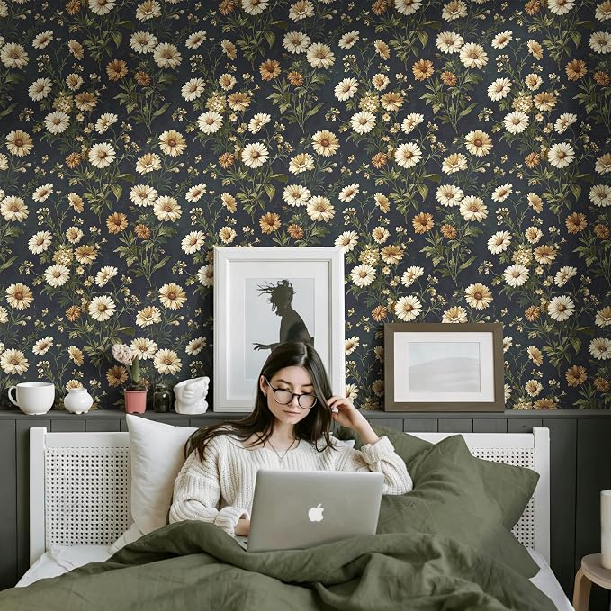 Livebor Dark Daisy Floral Wallpaper Peel and Stick Wallpaper16.9in x118.1in | Floral Contact Paper Vintage Daisy Flower Waterproof Wallpaper Self-Adhesive Removable Wall Paper for Bedroom Decorative - Image 5