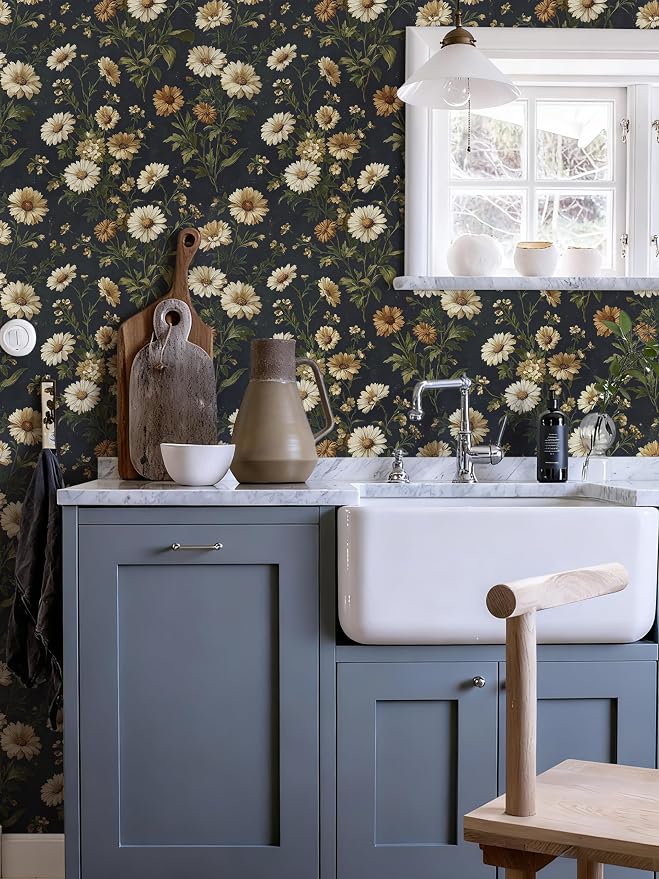 Livebor Dark Daisy Floral Wallpaper Peel and Stick Wallpaper16.9in x196.8in | Floral Contact Paper Vintage Daisy Flower Waterproof Wallpaper Self-Adhesive Removable Wall Paper for Bedroom Decorative - Image 7