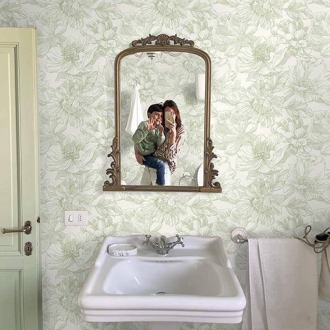 Ismoon Vintage Floral Wallpaper Peel and Stick Beige and Green Contact Paper 17.3inx6.5ft Removable Self Adhesive Wall Paper for Bathroom Bedroom Cabinet Mural Wall Decor Vinyl Renter Friendly - Image 4