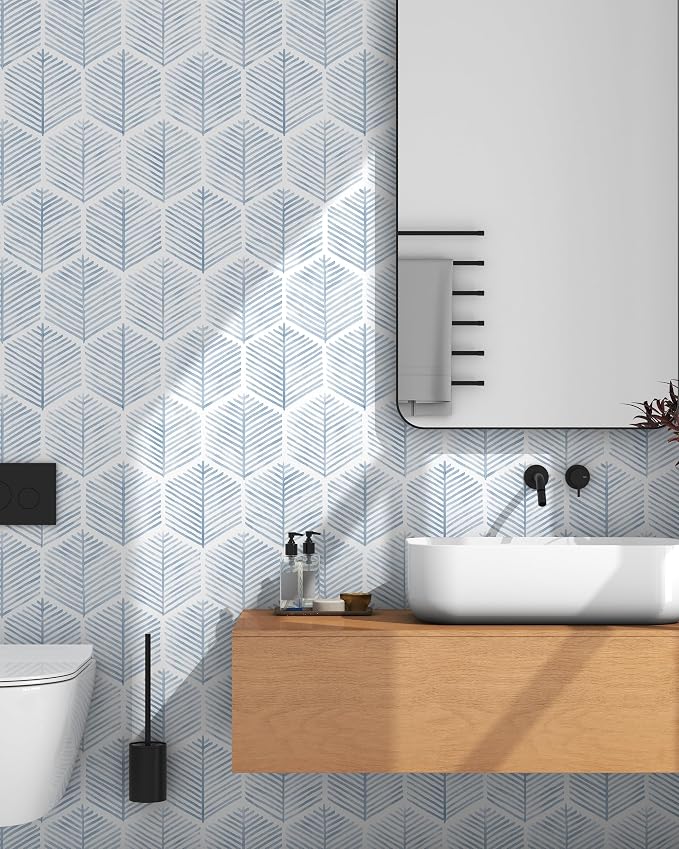 OSECAGE Geometric Peel and Stick Wallpaper Blue Contact Paper 17.3''×197'' | Modern Geometric Wallpaper Self Adhesive Removable Boho Wall Paper Waterproof for Bedroom Bathroom Cabinets Decor Vinyl Roll - Image 2