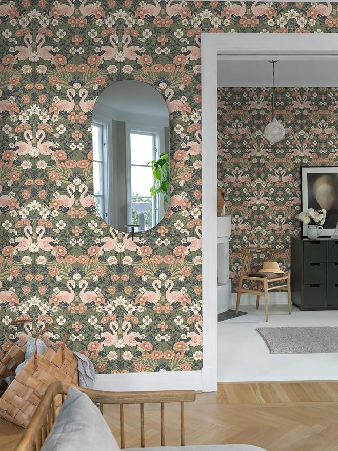 Heroad Vintage Peel and Stick Wallpaper 17.3''X 385'' Floral Flamingo Contact Paper Sage Green William Morris Wall Paper Removable Renter Friendly Wallpaper for Bedroom Nursery Farmhouse Vinyl Rolls - Image 9