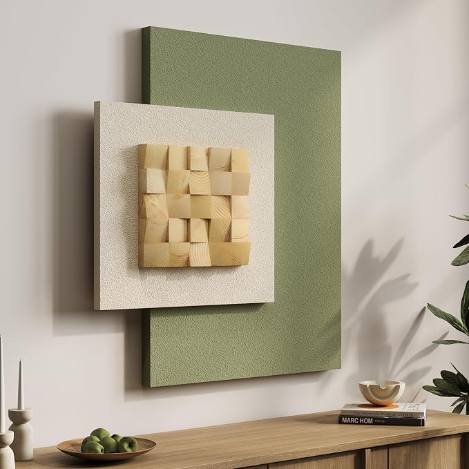 Large Wood Abstract Wall Art for Living Room, Modern 3D Artwork for Walls | Natural sage green tone, Textured paintings, Big woodern layered sculpture, Bedroom dining room office wall decor aesthetic by Cuspin