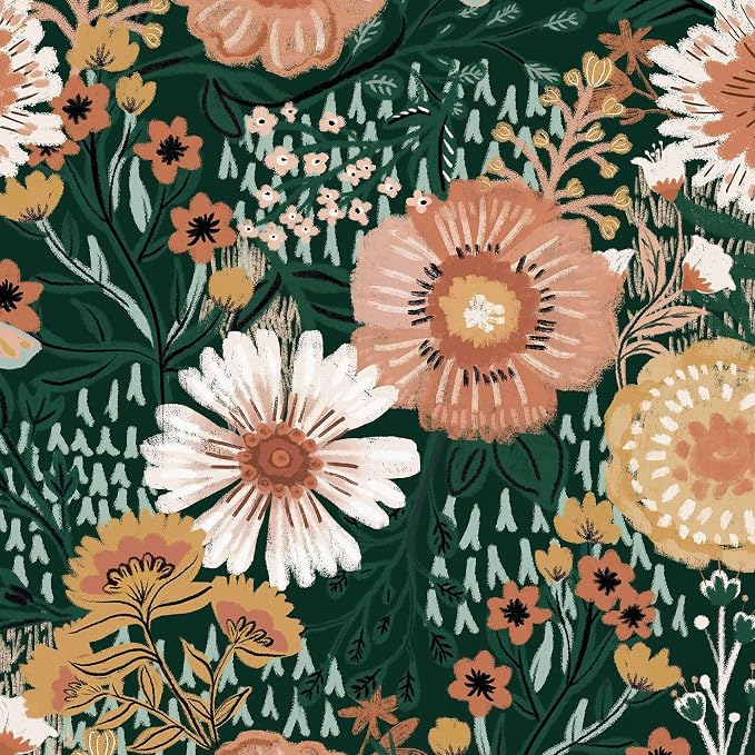 Dimoon Boho Retro Dark Green Wallpaper Peel and Stick Wallpaper Vintage Floral Contact Paper 17.3''x197'' Bohemian Removable Wall Paper Renter Friendly Waterproof Wall Mural Bedroom Bathroom Vinyl by DIYYOURMOON