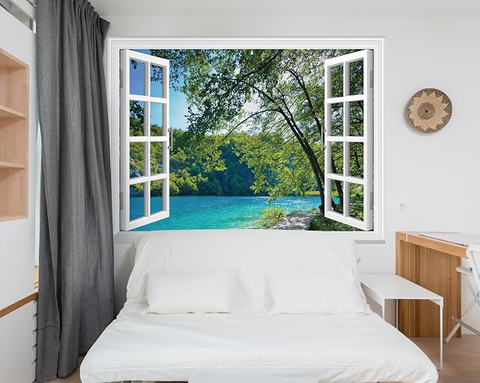 FLFK Fake Window Wall Mural - Lakes in The Jungle Faux Window Wall Sticker for Wall Decor, Stick and Peel Wall Decals,80"x60",Set of 5 Sheets - Image 3