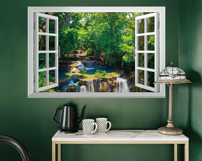 FLFK Fake Window Wall Mural - Jungle Waterfall Faux Window Wall Sticker for Wall Decor, Peel and Stick Wall Decals,48"x32",Set of 2 Sheets - Image 4