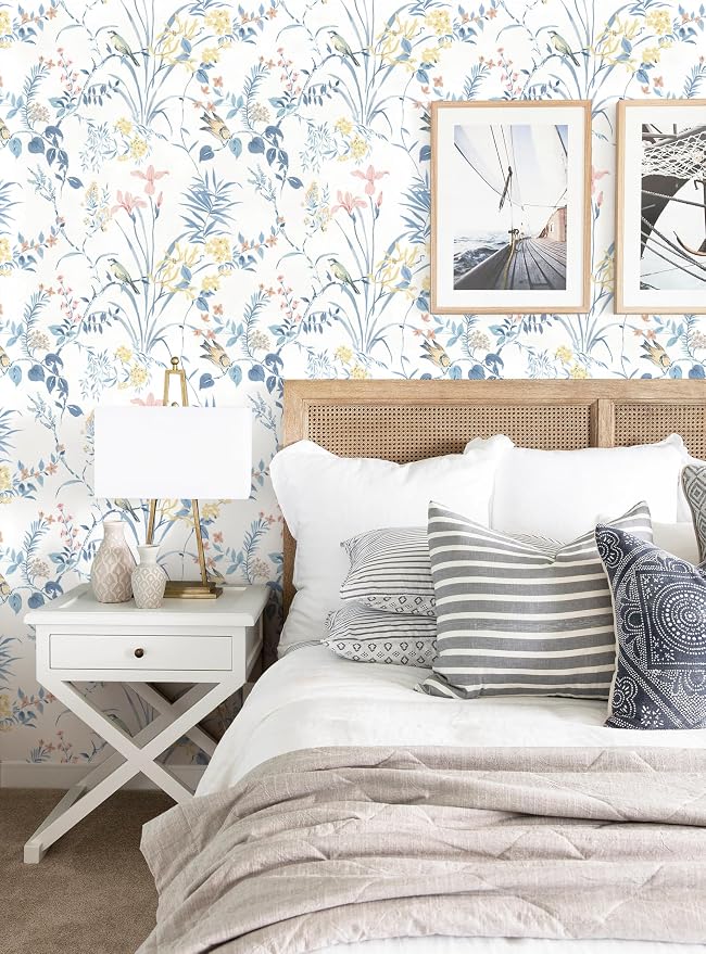 Erfoni Boho Floral Birds Wallpaper DIY Removable Peel and Stick Wallpaper | 16.9" x197" Flower Decorative Wallpaper Self Adhesive Floral Leaf Contact Paper for Bedroom Accent Walls Covering Vinyl Roll - Image 2