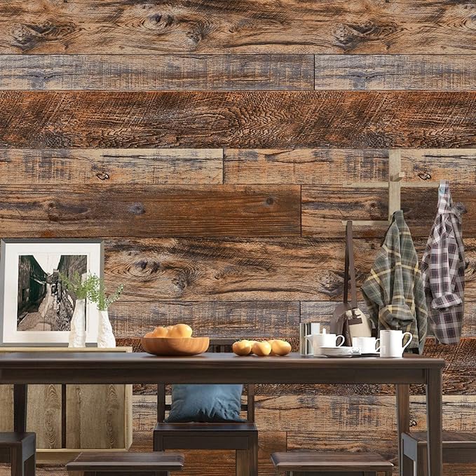 WENMER 23.6" x 394" Brown Wood Peel and Stick Wallpaper Shiplap Self Adhesive Wall Paper Wood Plank Wallpaper for Cabinet Countertop Shelf Drawer Wall Door - Image 4