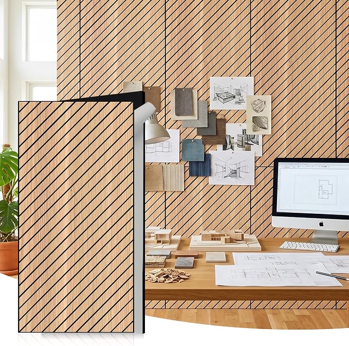 WoveN SounD Acoustic Wall Panels, Natural Oak, 10 Pack, 47.2x23.6 in | Self-Adhesive, Peel and Stick, NRC 0.95, Premium Sound, Echo Proof, Slat Decor, Studio, Home, Office, Media Room by WovenSound