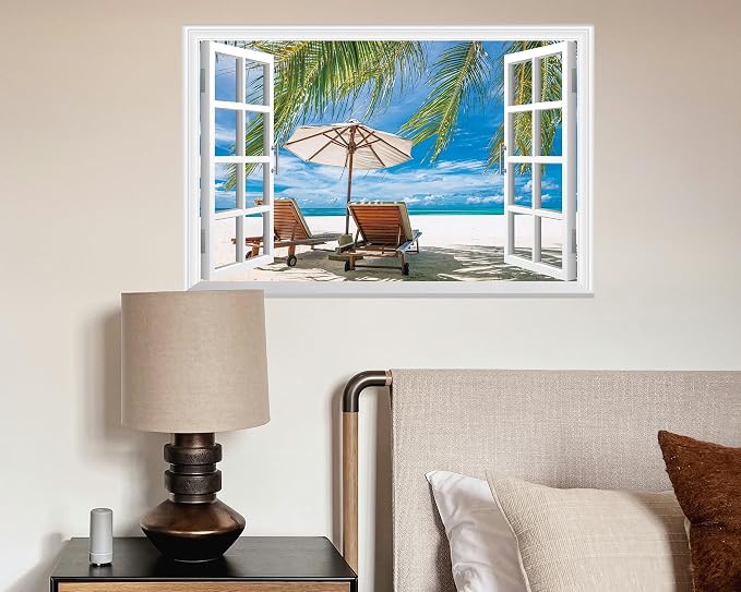 FLFK Fake Window Wall Decal - Ocean Beach Faux Window Wall Mural for Wall Decor, Peel and Stick Wall Sticker,24"x16" - Image 3