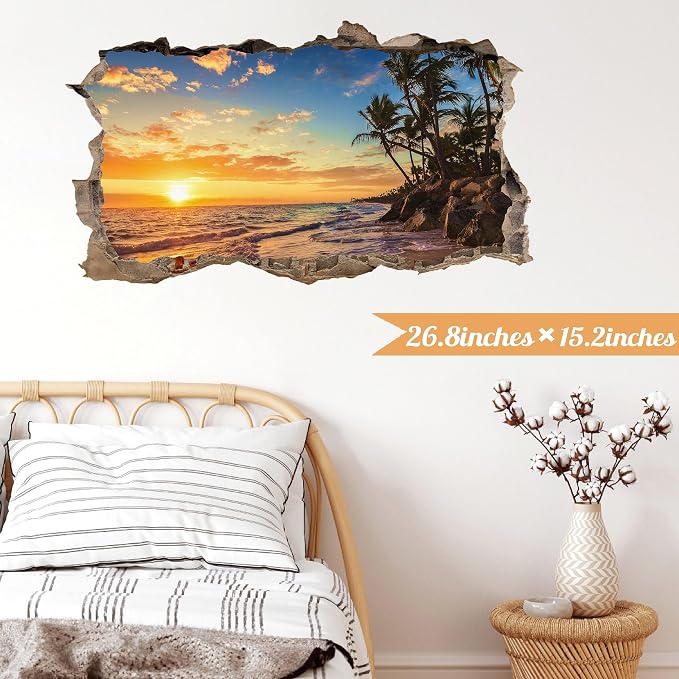 Sunset Beach Wall Decals 3D Broken Walls Stickers Peel and Stick Art Murals | Sunset palm tree stickers, removable beach seascape vinyl decal, for bedroom living room kitchen summer art print decorative - Image 4