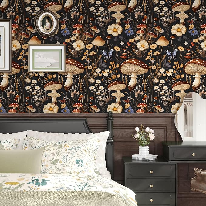 BOKEBEVE Mushoroom Wallpaper Peel and Stick Boho Black Brown 17.5 x 393.5In | Extra Long Removable Renter Friendly Vintage Floral Wall Paper for Bedroom Bathroom Cabinet Drawer Feature Accent Wall - Image 2