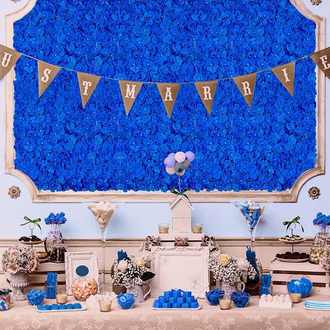 BLOSMON Royal Blue Flower Wall Backdrop Panels, 12 Pcs, 24 x 16 Inch | Fake Hydrangea Backdrops, for Wedding, Party, Baby Bridal Shower, Hanging Faux Silk Floral Walls for Home DIY Decor - Image 3