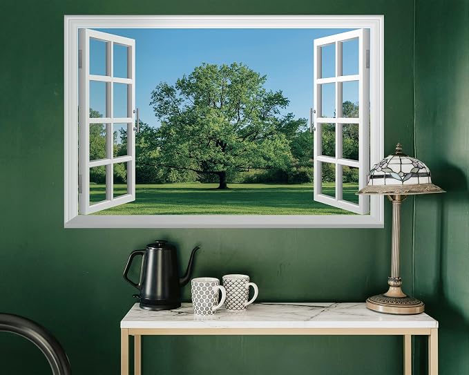 FLFK Fake Window Wall Mural - Grass and Trees Faux Window Wall Sticker for Wall Decor, Peel and Stick Wall Decals,48"x32",Set of 2 Sheets - Image 4