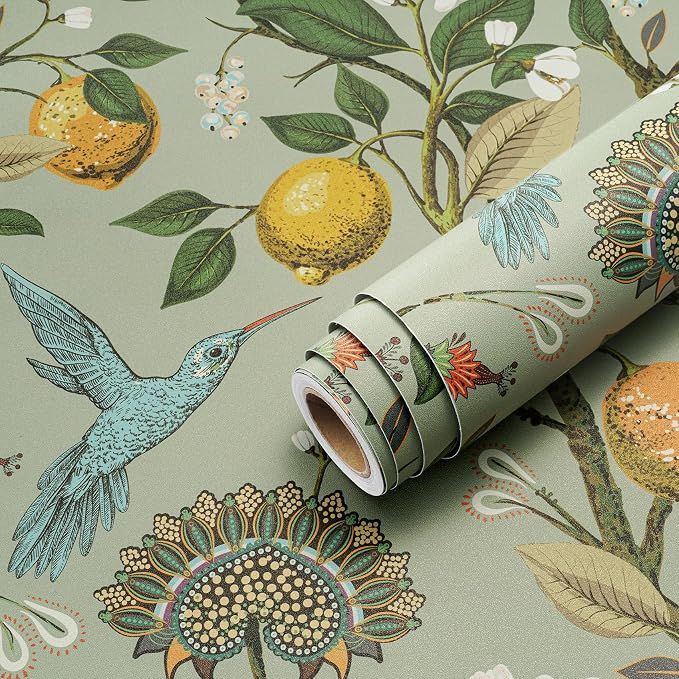 Livelynine Green Floral Bird Wallpaper Peel and Stick Vintage Retro Renter Friendly Wallpaper Kitchen Cabinet Contact Paper Waterproof Gold Lemon Tree Blue Birds Self Adhesive Wall Murals 17.5x78.8" by Livelynine