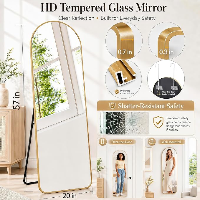 57x20" Full Length Mirror Floor Stand,Over the Door,Wall Mounted Gold - Image 2