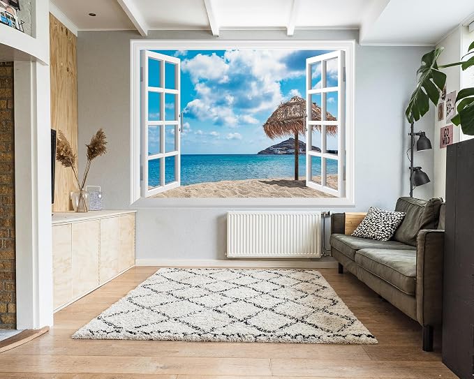 FLFK Fake Window Wall Mural - Ocean Beach Faux Window Wall Decal for Wall Decor, Peel and Stick Wall Sticker,80"x60",Set of 5 Sheets - Image 3