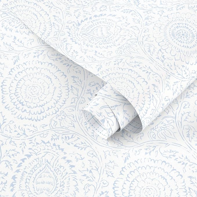 Ismoon Blue Wallpaper Peel and Stick Boho Floral Contact Paper 17.3x78.7in | Renter Friendly Wall Paper Textured Self Adhesive Removable Wallpaper for Bedroom Kitchen Thicken Vinyl Waterproof by Ismoon