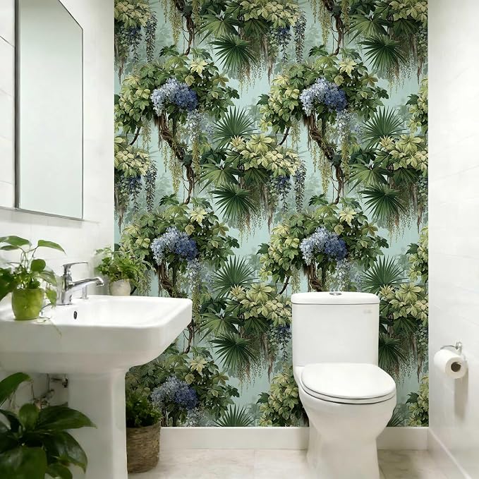 Vintage Wisteria Palm Botanical Peel and Stick Wallpaper | Soft pale backdrop wisteria and palm vine print, Removable waterproof vinyl wall covering, bedroom accent wall decor - Image 7