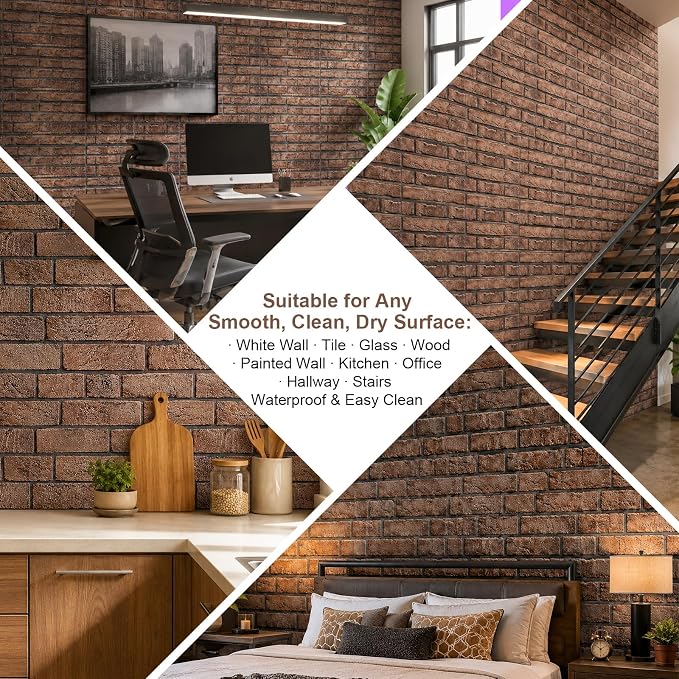 3D Brick Wall Panels Peel and Stick,10Pcs Self Adhesive PVC Tiles | 11.81*11.81 Inch, Waterproof, Self-Adhesive Wall Tiles, Wallpaper for Accent Walls, Kitchen, Bathroom, Bedroom, Office Decor - Image 8