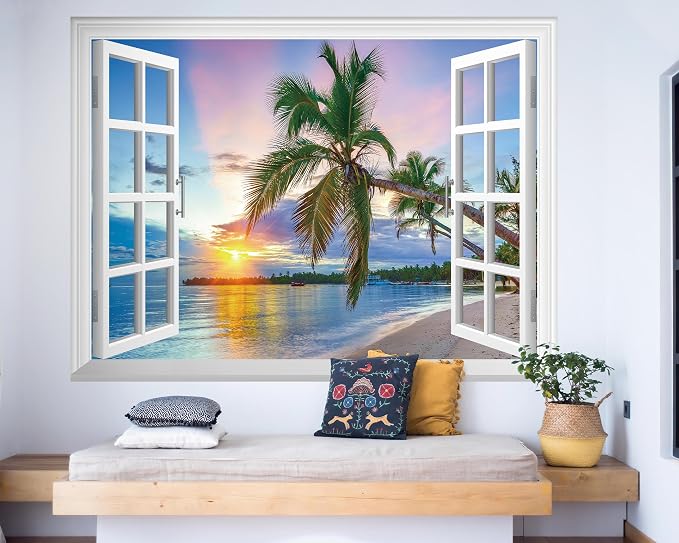 FLFK Fake Window Wall Mural - Sunrise Over the Sea Faux Window Wall Sticker for Wall Decor, Stick and Peel Wall Decals,80"x60",Set of 5 Sheets - Image 6