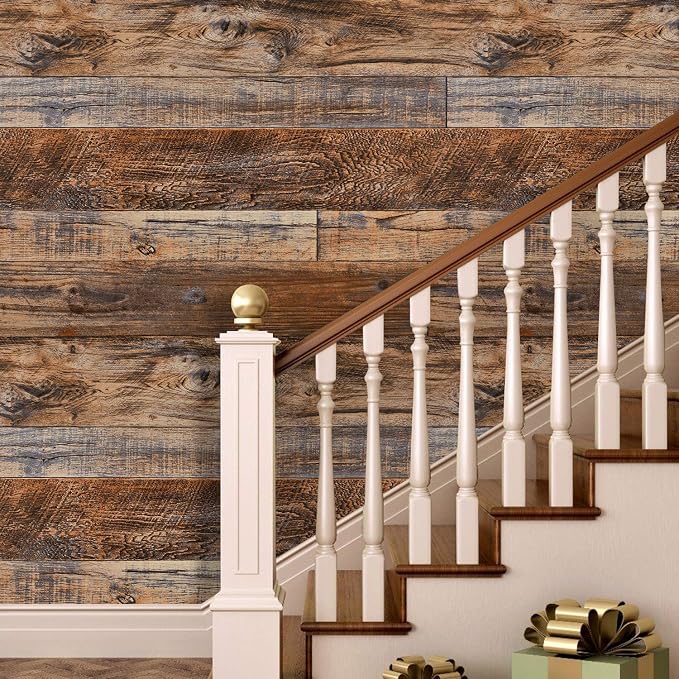 WENMER 17.71" x 1181" Brown Wood Wallpaper Peel and Stick Wallpaper Shiplap Self Adhesive Wall Paper Wood Contact Paper Removable Contact Paper for Cabinet Countertop Shelf Drawer Wall Door - Image 3
