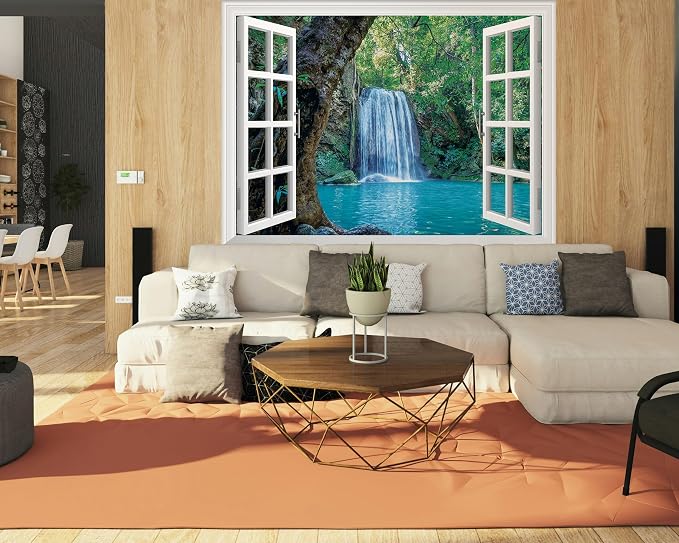 FLFK Fake Window Wall Mural - Waterfall and Lake in The Jungle Faux Window Wall Decal for Wall Decor, Peel and Stick Wall Sticker,80"x60",Set of 5 Sheets - Image 3