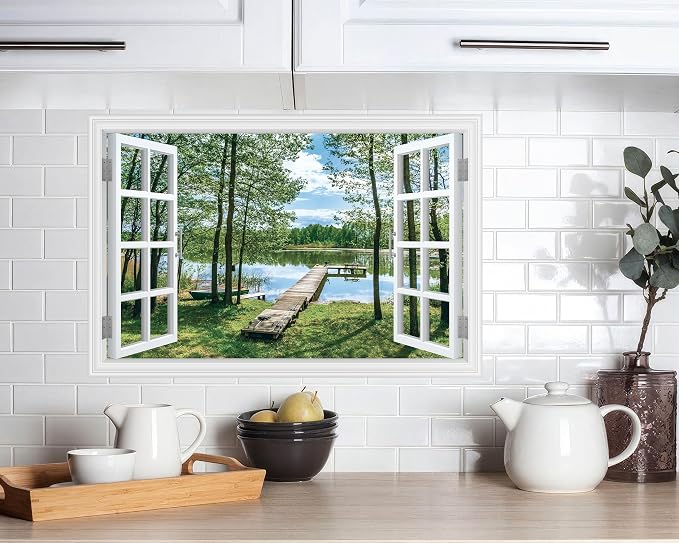 FLFK Fake Window Wall Decal Peel and Stick Wall Mural 24" x 16" | Lake & Forest Scene, 3D Illusion Effect, Removable Design, Home Office Decor, Easy Application - Image 3
