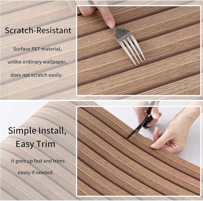 Haimin Wood Grain Slat Wall Panels Peel and Stick Faux Wood Thick Wallpaper | 118"x15.75" Waterproof PET & IXPE Foam Paneling Adhesive Smooth Beadboard Wallpaper Wall Covering Panels (Brown) - Image 7