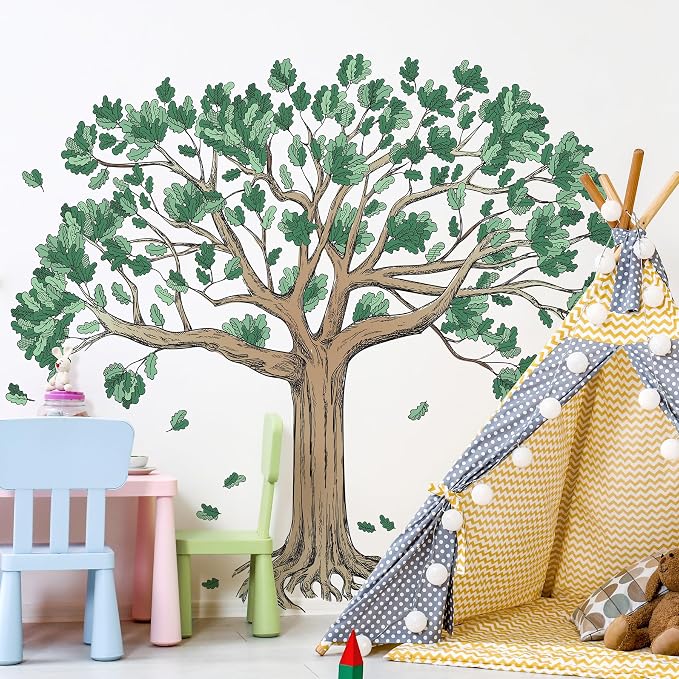 Amaonm Large Watercolor Family Tree Wall Decals 4 Pack 12x36 Inch Brown Trees with Green Leaves Peel & Stick Wall Stickers Decor for Kids Bedroom Living Room, Nursery, Classroom Home Wall (Tree) - Image 5