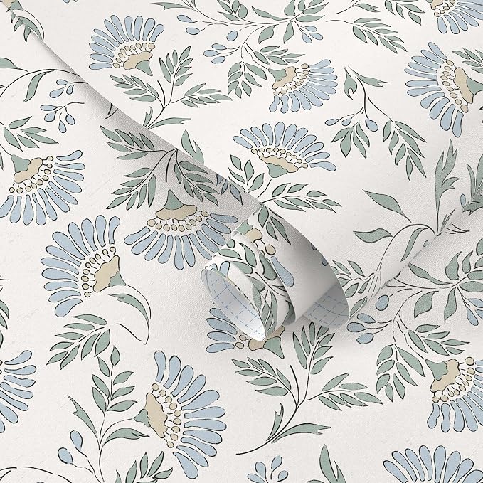 Floral Peel and Stick Wallpaper Blue Contact Paper Morden Cottage 197×17.3" | Grandma Chic Cute Wallpaper Small Flower Renter Friendly Removable Boho White Wall Paper for Bathroom Bedroom Vinyl by DIYYOURMOON
