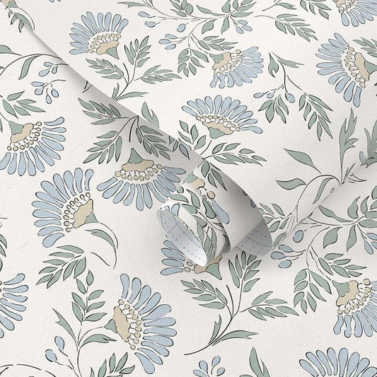 Floral Peel and Stick Wallpaper Blue Contact Paper Morden Cottage 394×17.3" | Grandma Chic Cute Wallpaper Small Flower Renter Friendly Removable Boho White Wall Paper for Bathroom Bedroom Vinyl by DIYYOURMOON