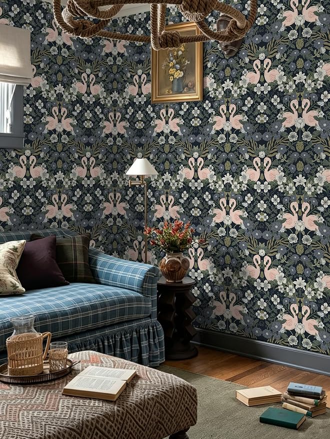 Heroad Vintage Peel and Stick Wallpaper Floral Flamingo Contact Paper Dark Blue William Morris Wall Paper Removable Renter Friendly Wallpaper for Bedroom Nursery Farmhouse Vinyl Rolls 17.3''X 196'' - Image 9