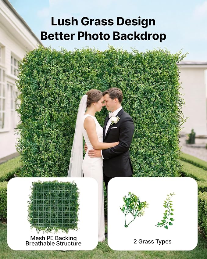 VEVOR Artificial Plant Wall, 12PCS 20 x 20 in Artificial Boxwood Panels, Sun Protection Greenery Backdrop Privacy Hedge Fence, Fake Grass Screen for Wedding, Indoor, Outdoor Garden, Backyard,Ferns - Image 2