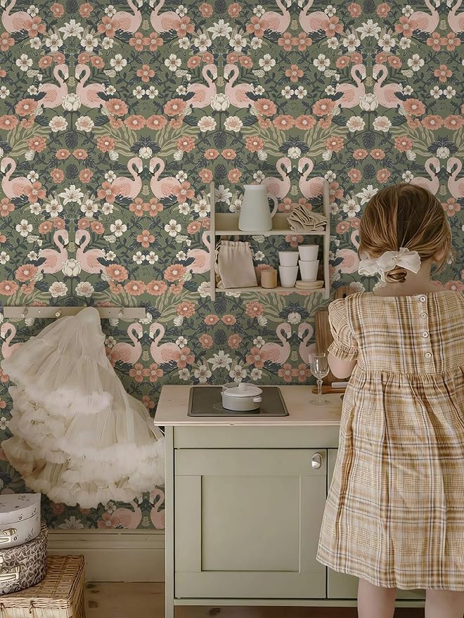 Heroad Vintage Peel and Stick Wallpaper 17.3''X 385'' Floral Flamingo Contact Paper Sage Green William Morris Wall Paper Removable Renter Friendly Wallpaper for Bedroom Nursery Farmhouse Vinyl Rolls - Image 6
